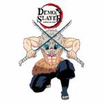 Personagem de "Demon Slayer" com máscara de javali, segurando duas espadas em posição de combate, destacando-se com um traje em tons de marrom e preto.