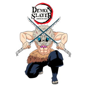 Personagem de "Demon Slayer" com máscara de javali, segurando duas espadas em posição de combate, destacando-se com um traje em tons de marrom e preto.