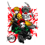 Ilustração dos personagens principais de "Demon Slayer", incluindo Tanjiro, Zenitsu e Inosuke, armados e prontos para a batalha, com um fundo vermelho vibrante.