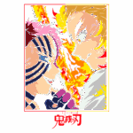 Ilustração vibrante de dois personagens de anime se enfrentando, com um fundo de chamas e detalhes coloridos. O personagem à esquerda possui listras pretas e brancas no rosto, enquanto o da direita exibe cabelos loiros e uma expressão intensa. A imagem é marcada pelo título "Kimetsu no Yaiba" na parte inferior.