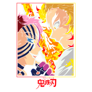 Ilustração vibrante de dois personagens de anime se enfrentando, com um fundo de chamas e detalhes coloridos. O personagem à esquerda possui listras pretas e brancas no rosto, enquanto o da direita exibe cabelos loiros e uma expressão intensa. A imagem é marcada pelo título "Kimetsu no Yaiba" na parte inferior.