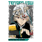 Personagem Tengen Uzui do anime Kimetsu no Yaiba, com cabelo branco e adornos, usando um traje preto e dourado. A imagem destaca seu olhar intenso e expressão determinada.