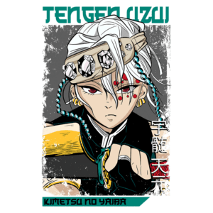 Personagem Tengen Uzui do anime Kimetsu no Yaiba, com cabelo branco e adornos, usando um traje preto e dourado. A imagem destaca seu olhar intenso e expressão determinada.