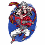 Personagens de estilo anime em ação, com um homem musculoso de pele escura e cabelo vermelho, usando roupas brancas e adornos, e uma mulher de cabelo longo e prateado, vestindo um traje vermelho. Eles estão envolvidos por um padrão colorido e vibrante, transmitindo energia e movimento.