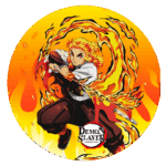 Personagem de Demon Slayer, Kyojuro Rengoku, em uma pose dinâmica, cercado por chamas vibrantes em tons de laranja e amarelo, com o logotipo da série na parte inferior.