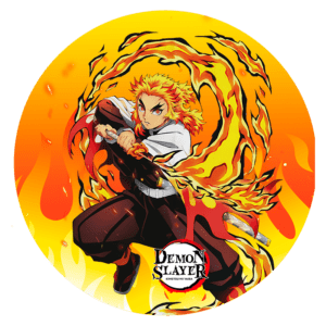 Personagem de Demon Slayer, Kyojuro Rengoku, em uma pose dinâmica, cercado por chamas vibrantes em tons de laranja e amarelo, com o logotipo da série na parte inferior.