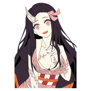 Personagem de anime feminina com cabelos longos e escuros, chifres brancos, vestindo um traje tradicional japonês com detalhes florais. Ela exibe um sorriso encantador e dentes afiados, com um laço rosa no cabelo.