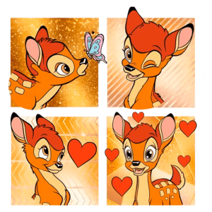 Ilustração de um cervo animado em quatro quadrantes, interagindo com uma borboleta e expressando emoções de felicidade e amor, com corações ao fundo. Estilo colorido e alegre, ideal para conteúdos infantis.