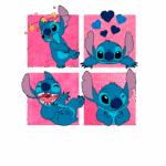 Imagens do personagem Stitch, de "Lilo & Stitch", em fundo rosa. Quatro quadrantes mostram Stitch em diferentes expressões: sorrindo, dançando, mostrando amor e piscando. Ideal para fãs de animações e cultura pop.