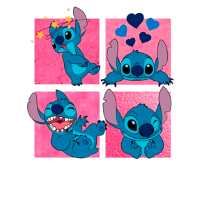 Imagens do personagem Stitch, de "Lilo & Stitch", em fundo rosa. Quatro quadrantes mostram Stitch em diferentes expressões: sorrindo, dançando, mostrando amor e piscando. Ideal para fãs de animações e cultura pop.
