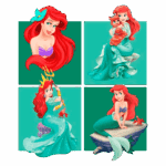 Imagens da princesa Ariel, personagem principal de "A Pequena Sereia". A ilustração apresenta Ariel em quatro poses diferentes: sorrindo com cabelos soltos, segurando seu amigo Sebastião, utilizando um tridente e sentada em uma pedra. Os fundos variam em tons de verde, destacando o estilo vibrante e encantador do universo Disney.