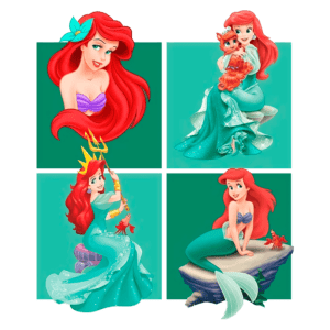 Imagens da princesa Ariel, personagem principal de "A Pequena Sereia". A ilustração apresenta Ariel em quatro poses diferentes: sorrindo com cabelos soltos, segurando seu amigo Sebastião, utilizando um tridente e sentada em uma pedra. Os fundos variam em tons de verde, destacando o estilo vibrante e encantador do universo Disney.