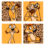 Quatro quadrados com ilustrações de um personagem de desenho animado, exibindo diferentes expressões faciais: uma expressão travessa, uma expressão maliciosa, uma expressão assustada e uma expressão confiante, todas em um fundo laranja com manchas de onça.