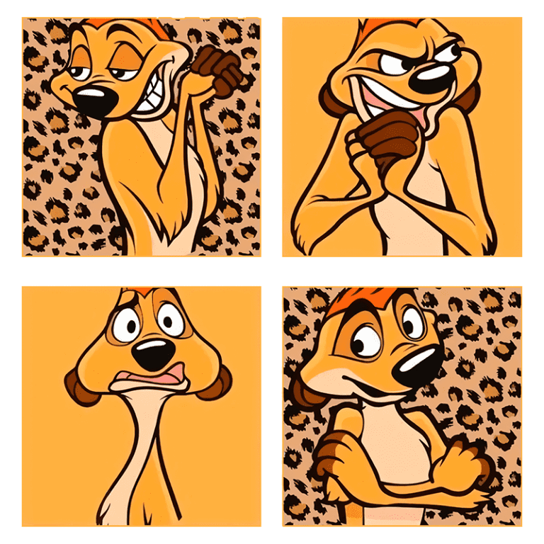 Quatro quadrados com ilustrações de um personagem de desenho animado, exibindo diferentes expressões faciais: uma expressão travessa, uma expressão maliciosa, uma expressão assustada e uma expressão confiante, todas em um fundo laranja com manchas de onça.