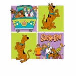 Imagem de Scooby-Doo e a turma: Scooby-Doo, um cão gigante marrom, comendo um lanche; Fred Jones, Daphne Blake, Velma Dinkley e Shaggy Rogers em um carro colorido; e a frase "SCOOBY-DOO!" destacada. Ilustração clássica da famosa série animada.