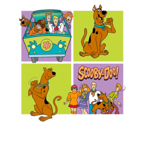 Imagem de Scooby-Doo e a turma: Scooby-Doo, um cão gigante marrom, comendo um lanche; Fred Jones, Daphne Blake, Velma Dinkley e Shaggy Rogers em um carro colorido; e a frase "SCOOBY-DOO!" destacada. Ilustração clássica da famosa série animada.