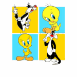 Imagem com personagens clássicos de desenhos animados: o gato Frajola está em posição de atacar, enquanto o passarinho Tweety aparece alegre e inocente. A imagem é dividida em quatro quadrantes coloridos, destacando a interação cômica entre os personagens icônicos da Warner Bros.