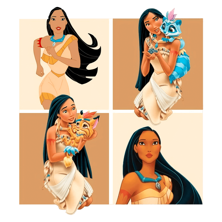 Imagens da personagem Pocahontas em quatro quadrantes, destacando suas vestimentas indígenas e interações com animais, incluindo um guaxinim e um animal místico.