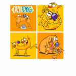 Imagem de personagens animados da série "CatDog", mostrando a relação divertida entre um gato e um cachorro que estão fisicamente unidos. As ilustrações destacam suas expressões cômicas e características únicas, situadas em um fundo amarelo vibrante.