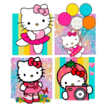 Imagens da Hello Kitty em diferentes poses e trajes, incluindo ballet, fantasia de balões e com câmera. Fundo colorido e vibrante, ideal para fãs de personagens fofos e itens de decoração.