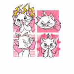 Ilustração de quatro expressões da gata Marie, do filme "Aristogatas". As imagens mostram: surpresa com raios, felicidade travessa, um olhar sonhador e expressão de empolgação, todas com fundo rosa e laços.