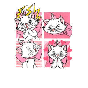 Ilustração de quatro expressões da gata Marie, do filme "Aristogatas". As imagens mostram: surpresa com raios, felicidade travessa, um olhar sonhador e expressão de empolgação, todas com fundo rosa e laços.