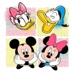 Imagens animadas de personagens clássicos da Disney, incluindo Mickey Mouse, Minnie Mouse, Pato Donald e Margarida. Cada personagem é representado em um quadrado, destacando suas expressões divertidas e icônicas, ideal para fãs de cultura pop e nostalgia.
