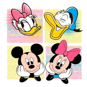 Imagens animadas de personagens clássicos da Disney, incluindo Mickey Mouse, Minnie Mouse, Pato Donald e Margarida. Cada personagem é representado em um quadrado, destacando suas expressões divertidas e icônicas, ideal para fãs de cultura pop e nostalgia.