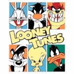 Imagem com os personagens icônicos de Looney Tunes, incluindo Pernalonga, Gato Silvestre, Taz, Tweety, e Pato Donald, com o título "Looney Tunes" em destaque.