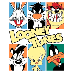 Imagem com os personagens icônicos de Looney Tunes, incluindo Pernalonga, Gato Silvestre, Taz, Tweety, e Pato Donald, com o título "Looney Tunes" em destaque.