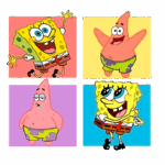 Imagem colorida com personagens animados SpongeBob e Patrick. SpongeBob aparece em duas poses alegres, enquanto Patrick mostra uma expressão curiosa e uma pose divertida. Fundo em cores vibrantes que destacam os personagens, famosos da série de animação "SpongeBob SquarePants".