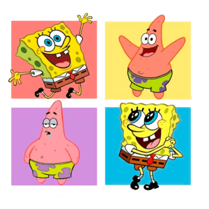 Imagem colorida com personagens animados SpongeBob e Patrick. SpongeBob aparece em duas poses alegres, enquanto Patrick mostra uma expressão curiosa e uma pose divertida. Fundo em cores vibrantes que destacam os personagens, famosos da série de animação "SpongeBob SquarePants".