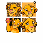 Imagens de Simba, personagem icônico de "O Rei Leão", exibindo diferentes expressões faciais, incluindo felicidade, confusão, tristeza e saudação. Fundo com padrão de onça. Ideal para fãs de animações e cultura pop.