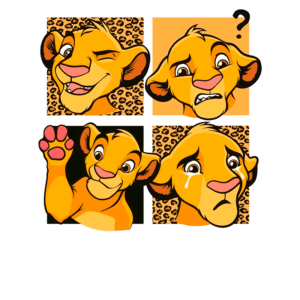 Imagens de Simba, personagem icônico de "O Rei Leão", exibindo diferentes expressões faciais, incluindo felicidade, confusão, tristeza e saudação. Fundo com padrão de onça. Ideal para fãs de animações e cultura pop.