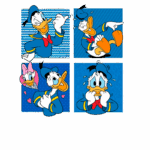 Desenho animado do Pato Donald em quatro quadrantes, mostrando expressões variadas: feliz, brincalhão, surpreso e preocupado, com fundo azul e a presença de Margarida em um dos quadrantes.