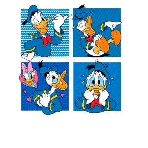 Desenho animado do Pato Donald em quatro quadrantes, mostrando expressões variadas: feliz, brincalhão, surpreso e preocupado, com fundo azul e a presença de Margarida em um dos quadrantes.