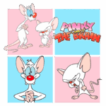 Imagem dos personagens Pinky e Cérebro, da série animada "Pinky and the Brain", mostrando quatro poses distintas dos ratos. O título da série está em destaque no canto superior direito.