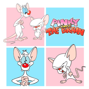 Imagem dos personagens Pinky e Cérebro, da série animada "Pinky and the Brain", mostrando quatro poses distintas dos ratos. O título da série está em destaque no canto superior direito.
