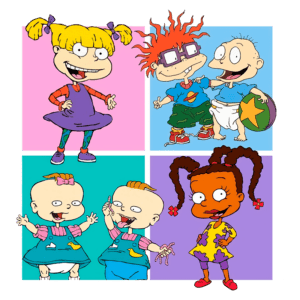 Imagem dos personagens principais da série animada "Rugrats", incluindo Angelica, Chuckie, Tommy e os gêmeos Phil e Lil, em um fundo colorido. Foca na amizade e nas aventuras da infância.