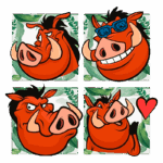 Quatro ilustrações de javalis animados com expressões diferentes, incluindo um usando óculos escuros, um sorridente, um sério e outro com um coração, todos rodeados por folhas.