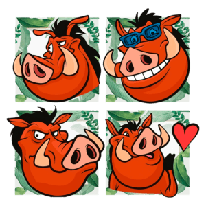 Quatro ilustrações de javalis animados com expressões diferentes, incluindo um usando óculos escuros, um sorridente, um sério e outro com um coração, todos rodeados por folhas.