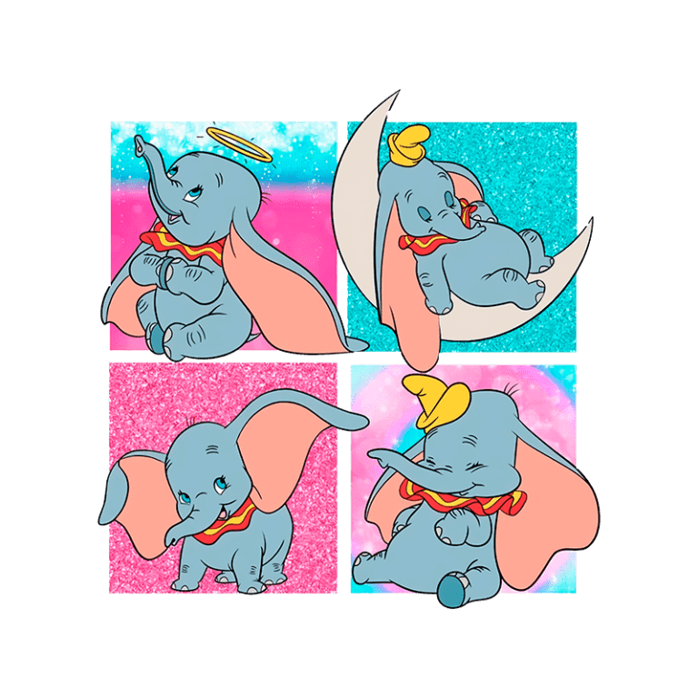 Ilustração do personagem Dumbo em quatro quadrantes coloridos, mostrando diferentes expressões e poses. O primeiro quadrante apresenta Dumbo com um halo, o segundo em uma lua, o terceiro sorrindo e o quarto relaxando. A arte destaca a magia e a fofura do elefante voador.