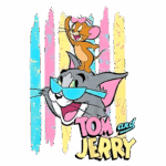 Imagem colorida de Tom e Jerry, com Jerry em cima da cabeça de Tom, que usa óculos de sol. O fundo apresenta listras em tons de azul, rosa e amarelo, destacando os personagens icônicos da animação.