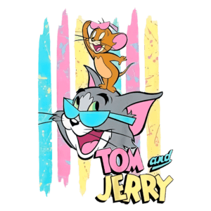 Imagem colorida de Tom e Jerry, com Jerry em cima da cabeça de Tom, que usa óculos de sol. O fundo apresenta listras em tons de azul, rosa e amarelo, destacando os personagens icônicos da animação.