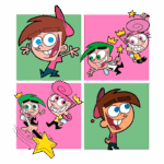 Personagens do desenho "Os Padrinhos Mágicos", incluindo Timmy Turner, Cosmo e Wanda, em quadrantes coloridos. Timmy aparece sorrindo e pulando, enquanto Cosmo e Wanda mostram suas magias e felicidade em ações animadas.