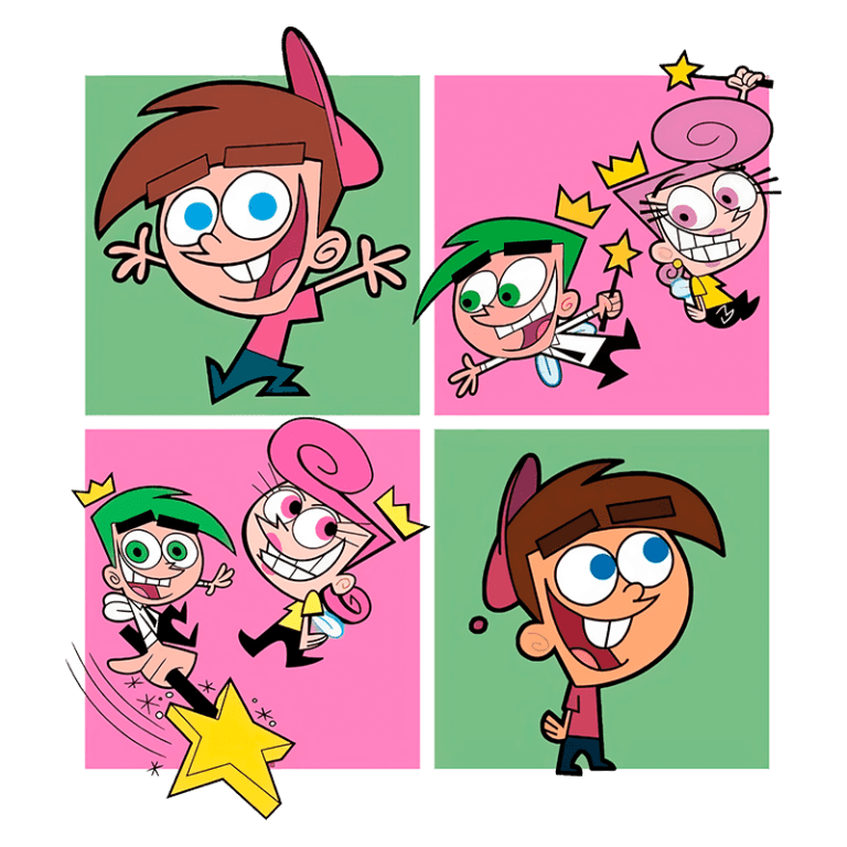 Personagens do desenho "Os Padrinhos Mágicos", incluindo Timmy Turner, Cosmo e Wanda, em quadrantes coloridos. Timmy aparece sorrindo e pulando, enquanto Cosmo e Wanda mostram suas magias e felicidade em ações animadas.