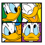 Quatro expressões do personagem Pato Donald em um design colorido, mostrando diferentes emoções como alegria, raiva e confusão. Ideal para fãs de quadrinhos e cultura pop.