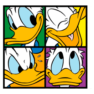 Quatro expressões do personagem Pato Donald em um design colorido, mostrando diferentes emoções como alegria, raiva e confusão. Ideal para fãs de quadrinhos e cultura pop.
