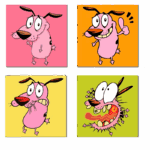 Personagens animados do desenho "Courage the Cowardly Dog", incluindo várias expressões do cachorro corajoso em quatro quadrantes coloridos.