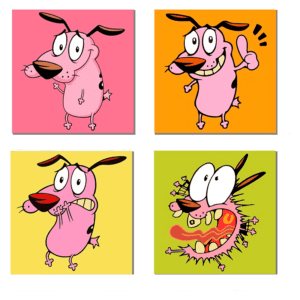Personagens animados do desenho "Courage the Cowardly Dog", incluindo várias expressões do cachorro corajoso em quatro quadrantes coloridos.